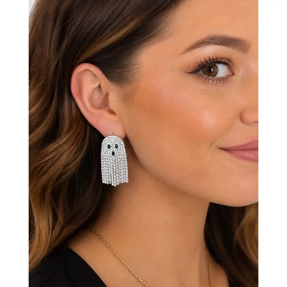 Piper K Ghost Rhinestone Earrings Halloween Dangle Glass Stone Cute Spooky NWT